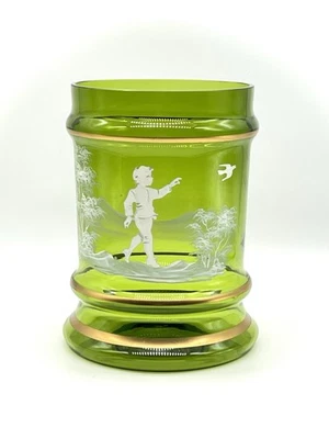 "Florero de afeitar Mary Gregory citrino pintado a mano raro pintura dorada 7 5/8""" Foto 1 de 4