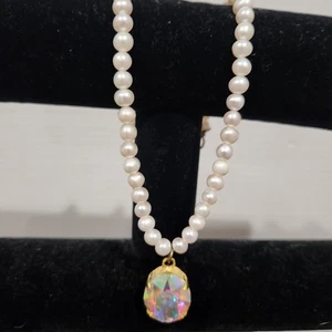 Aurora Borealis Teardrop Crystal Costume Faux  Pearl Pendant Necklace Chain 18" - Picture 1 of 8