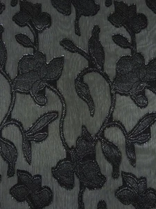 Black Organza Fabric Floral Re Embroidered Floral By the Yard - Picture 1 of 3