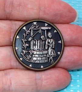 Antique Victorian Picture Button TWINKLE The Wishing Well Story Figures 1 1/4 - Picture 1 of 17