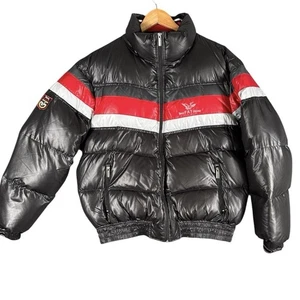 Vintage Triple Fat Sz L Goose Down Filled Jacket Puffer Black Red Hood Missing - Picture 1 of 18