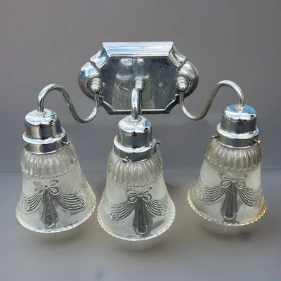 Vintage Chrome Bathroom Vanity Light 3 Frosted Glass Bow Shades Wall Fixture - Image 1 of 4