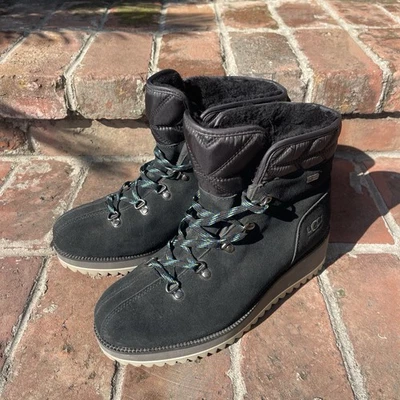 UGG Birch 1095712 Waterproof BLK Suede Wool Lace Wedge Boots WM Size 9 PREOWNED - Image 1 of 4