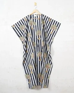 Indian Black Striped Kaftan Summer Bikini Cover Up Maxi Beach Kimonos Dress US - Picture 1 of 9