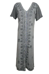 Boho Gypsy Hippy Long Dress Button Down Gray Embroidered Deep Neck Sundress XL