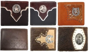 GENUINE LEATHER BI FOLD LONE STAR TEXAS MAP CONCHO MEN WALLET BLACK BROWN #8703 - Picture 1 of 36