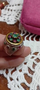 Anello In Argento925 Con Ricalcoli In Oro .misura 20 mm Con Pietre Radice Di Rub - Foto 1 di 6
