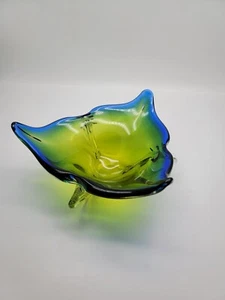 Vintage Art Glass Hand-blown Green Blue Bowl Dish Decorative Flat Bottom - Picture 1 of 21