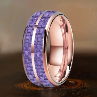 Banda de anillo de carburo de tungsteno con incrustación de fibra de carbono púrpura de doble ranura abovedada de 8 mm Foto 1 de 4