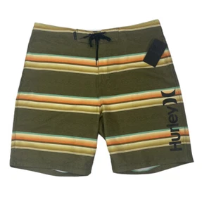 Hurley Mens Board Shorts Size 36 Drawstring Green Stripes 20" Length New - Picture 1 of 8
