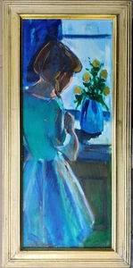 Arne A. Hansen (1922-2009): GIRL ADMIRING FLOWERS, oil painting - Picture 1 of 7