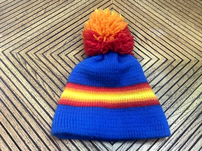 Gorro Pom Pom Vintage Años 70 100% Lana Pura Azul Rojo/Naranja/Amarillo Foto 1 de 4