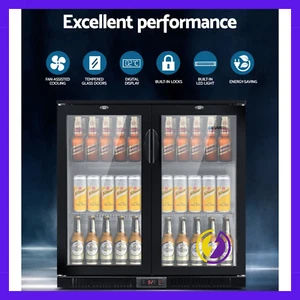 198L Bar Fridge Dual Glass Door Beverage Cooler w/ LED Light – Black, Commercial - Picture 1 of 1