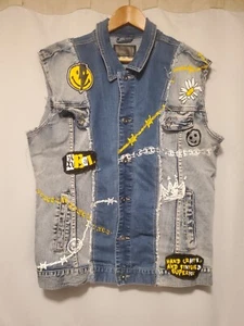 Gilet denim Smoke Rise uomo 2XL blu grigio toppe bottoni corona teschio - Foto 1 di 18
