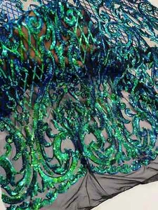 Heart Shape Sequins Fabric - Green Iridescent - 4 Way Stretch Fabric by Yard - Picture 1 of 5