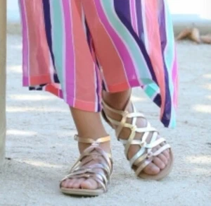 GIrls Size 2 Flat Shiny Slippers  - Gold & Silver Straps - Sturdy, Like New - Picture 1 of 3