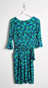 Onjenu grün blau Fan Print Anlass Kleid 3/4 Glockenärmel Größe 10 knielang - Bild 1 von 5