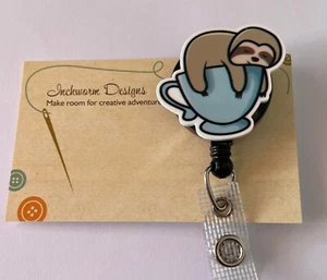 Retractable badge holder ID TAG SLOTH TEACUP - Picture 1 of 1