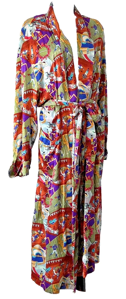 Roupão longo Nicole Miller 100% seda tema futebol anos 90 vintage tamanho grande bolsos com cinto - Imagem 1 de 4