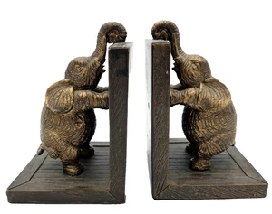 Elephant Trunk Up Vtg Bookends Bronze Brass Tone with Wood Look - Picture 1 of 9