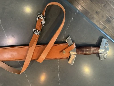 Viking Celtic Damascus Sword And Scabbard With Shoulder Strap - Image 1 of 4