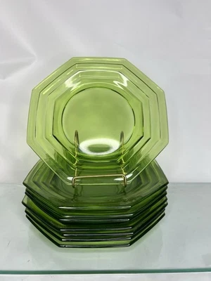 SET OF 8! VTG!  Heisey Stepped Octagon “MoonGleam” Green Glass Plates!! - Image 1 of 4