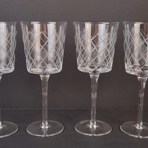 Noble Excellence Crisscross Etched Wine Glasses Blown Glass 12 oz 8 in Tall - Picture 1 of 9