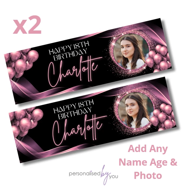 2x Foto Personalizada Banners Cumpleaños Rosa Negro Grande 16 18 21 30 40 Foto 1 de 1