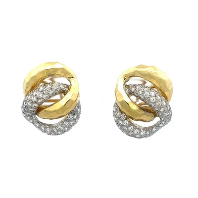 Diamond Gold Earrings 18k Two Tone Hammered Pave Set 14k Backs - Image 1 of 4