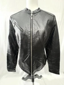 Guess Moto Jacket Women's Size Large Black Polyurethane 3 Zip Pockets Fitted - Picture 1 of 21
