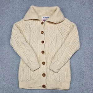 Hand Knit Aran Ivory 100% Wool Cable Knit Wood Button Cardigan Sweater Sz Small - Picture 1 of 12