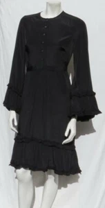 Abito camicia MAX STUDIO $128 nero setoso arruffato maniche lunghe a campana cravatta cintura US XS - Foto 1 di 5
