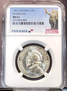 1967 PANAMA SILVER 1/2 BALBOA VASCO NUNEZ DE BALBOA NGC MS 62 NICE LOOKING COIN - Picture 1 of 3