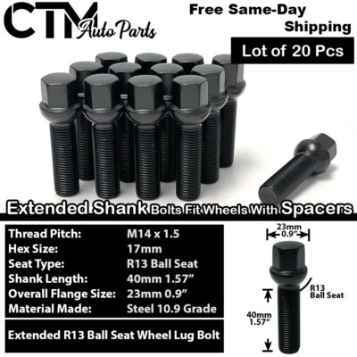 20x Audi Black 14x1.5 Ball Seat Lug Bolt 40mm Shank Fit Rim with 10-15mm Spacer - Image 1 of 4