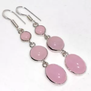 Pink Chalcedony 925 Silver Plated Long Earrings 2.5" Promise Gift for women GW - Picture 1 of 3