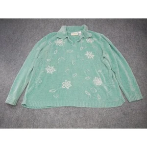 Alfred Dunner Acrylic 1/4 Zip Sweater Women's 2X Green Floral Snow Embroidered - Picture 1 of 10