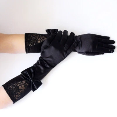Elbow Length Bow Lace Satin Long Gloves Evening Party Punk Retro Performance - Image 1 of 4