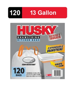 Husky Tall Kitchen White Trash Bags, 13 Gallon, 120 Bags (Expandable Drawstring, - Picture 1 of 6