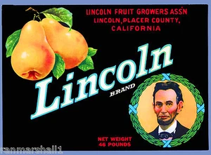 Impresión artística de etiqueta de caja de frutas pera Abraham Lincoln del condado de Placer California - Imagen 1 de 1