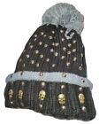 Knit Beanie Hat Grey Ladies Mens Winter Woolly Ski Cap New Gold Skull Women