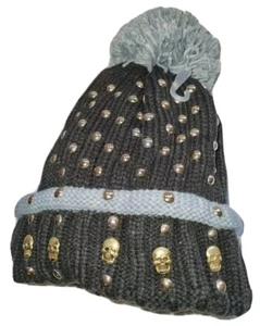 Knit Beanie Hat Grey Ladies Mens Winter Woolly Ski Cap New Gold Skull Women - Picture 1 of 4