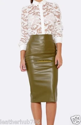 New 100% Genuine Lambskin Green Leather Women Pencil Hollywood Style Skirt 55 - Image 1 of 4