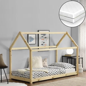 Kinderbett mit Matratze 70x140cm Haus Holz Natur Bettenhaus Hausbett Kinder Bett - Bild 1 von 7