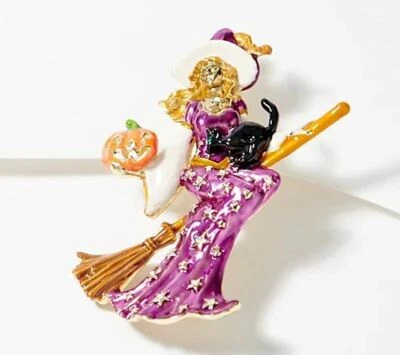 Kirks Folly Brooch Stella Starlight Witch Pendant Pumpkin Halloween GT Crystal - Image 1 of 4