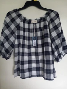 Universal Thread 3/4 Sleeve Peasant Top Plaid Navy White Size XS NEW - Picture 1 of 3