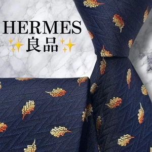 HERMES Neck Tie Black Yellow Leaves 100%Silk Made in France excellent gift F/S - Picture 1 of 11