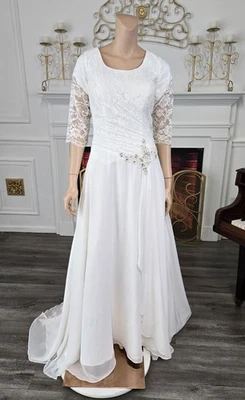Bonny White Lace & chiffon Half Sleeve Modest Wedding dress sz 12 - Image 1 of 4