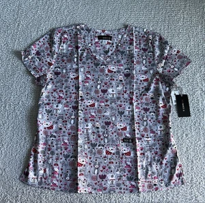 Koi Basics Scrub Top Women’s XL Gray Meowed Mix Cat Dog Nursing Medical - Picture 1 of 11
