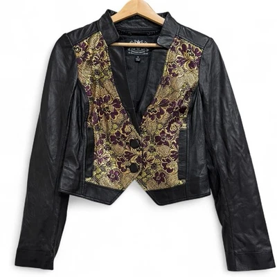 Women’s Blanc Noir Leather Blazer Jacket Size Small Floral Jacquard Front - Image 1 of 4