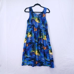 Aloha Hut Hawaii Blue Beach Print Pattern Stretchy A Line Mid Dress Plus Size - Picture 1 of 11